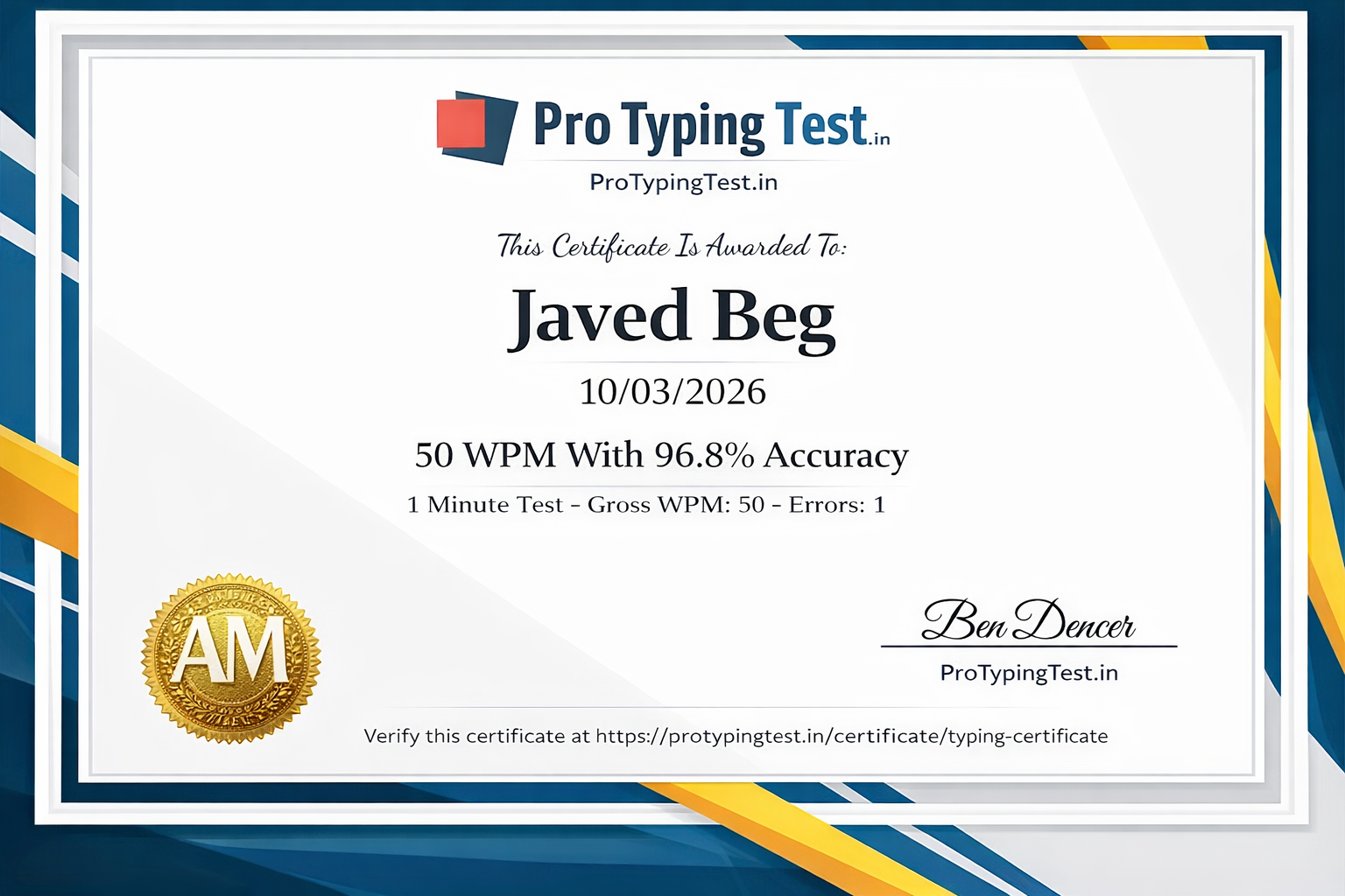 Official Typing Certificate from Pro Typing Test